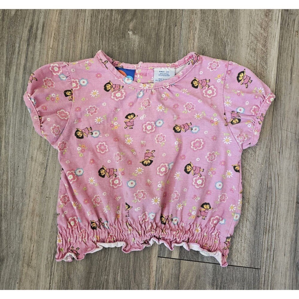 Vintage Nick Jr. Dora the Explorer Girls 3T Pink Floral Crew Neck Tee Ruffle Hem